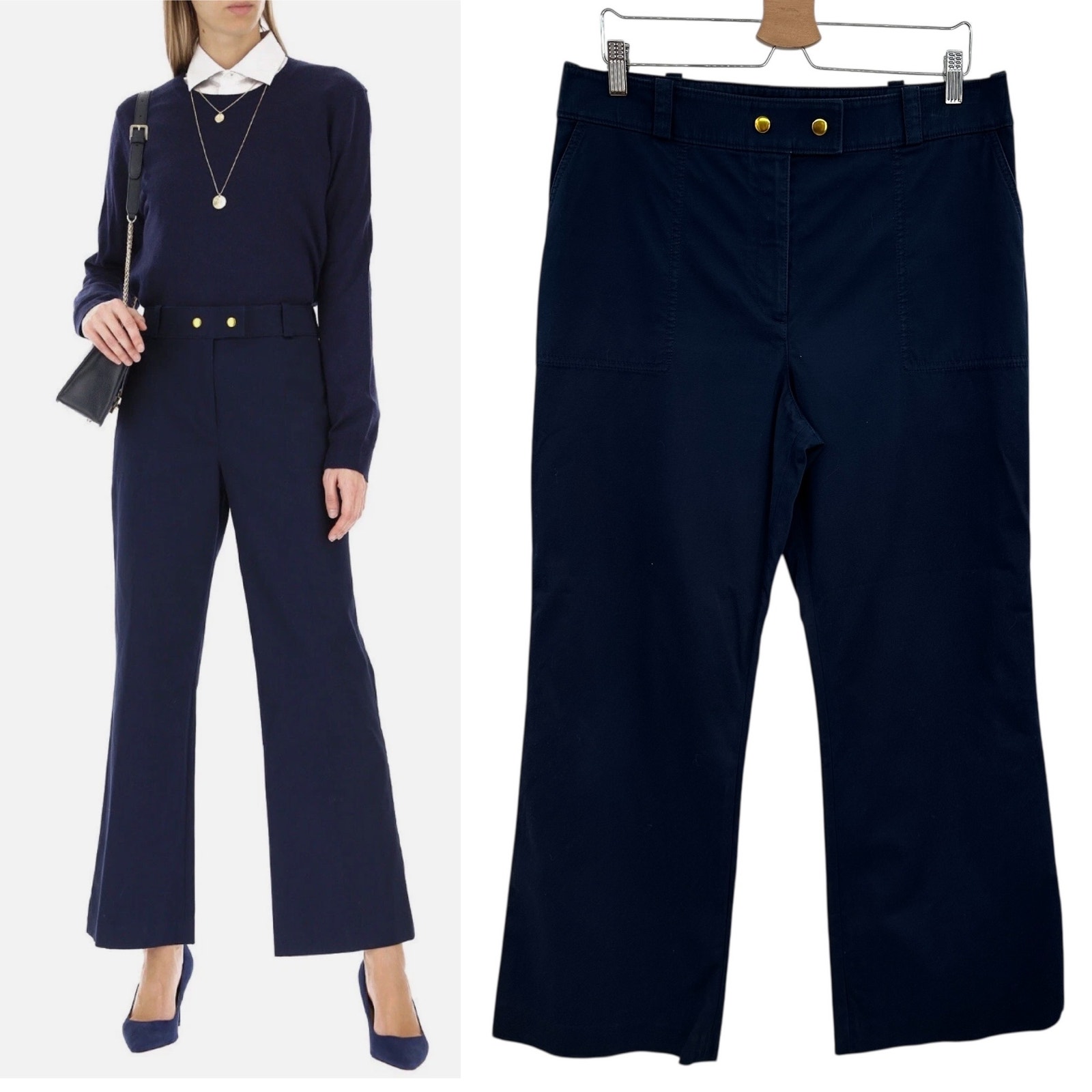Tory Burch Maddie Cropped Flare Trouser Pants Gold Button Navy Blue Size Us 12